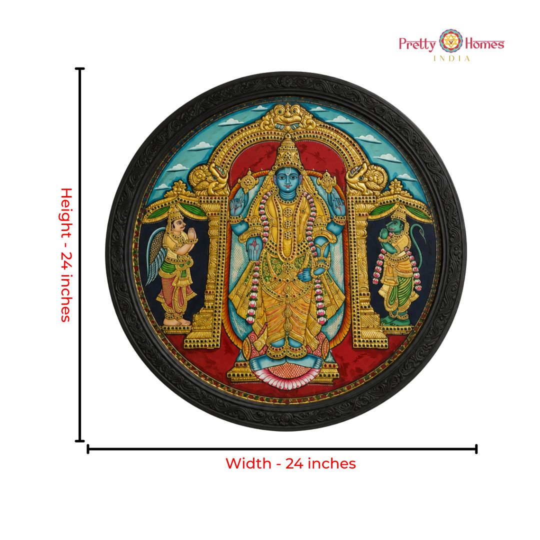 Handpainted Round Mahavishnu with Hanuman & Garuda Tanjore Painting in Real Gold Foil