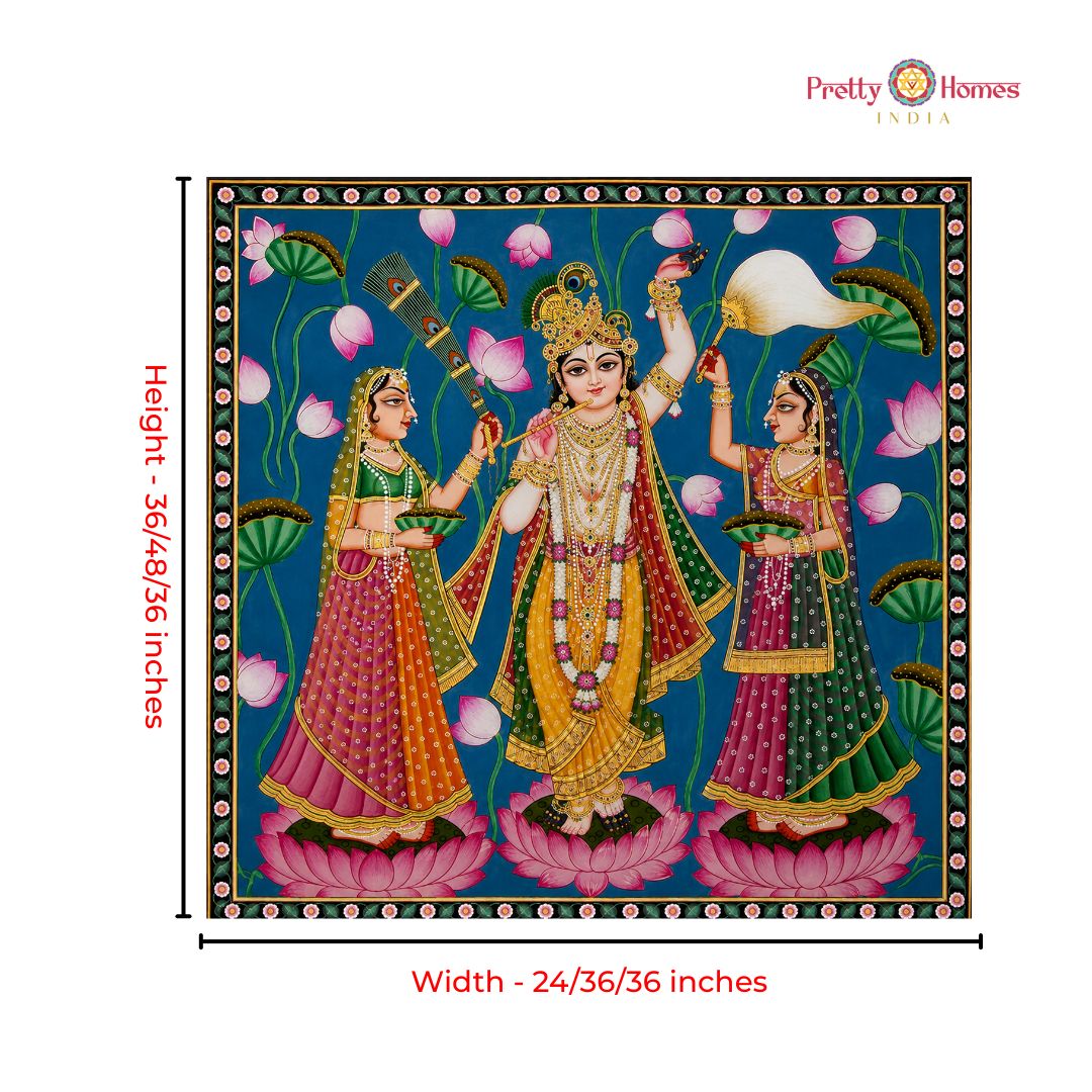 Handpainted Pichwai – Flute Krishna with Gopikas
