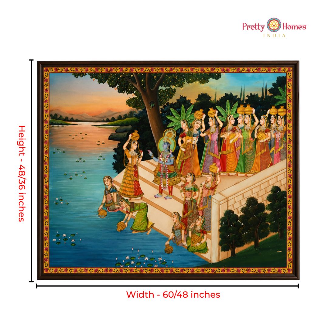 Handpainted Pichwai – Graceful Gopis on the Banks of Yamuna
