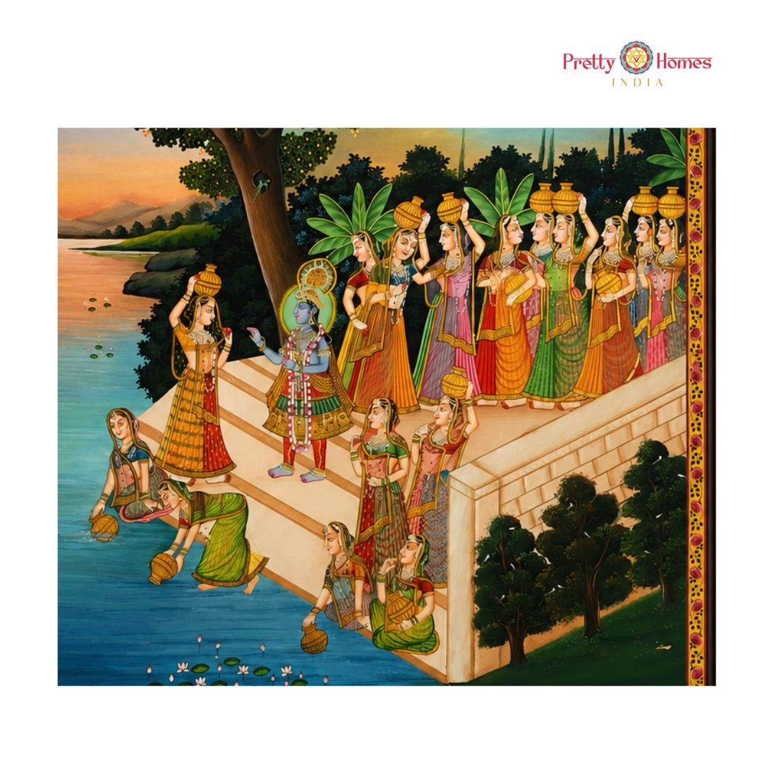 Handpainted Pichwai – Graceful Gopis on the Banks of Yamuna