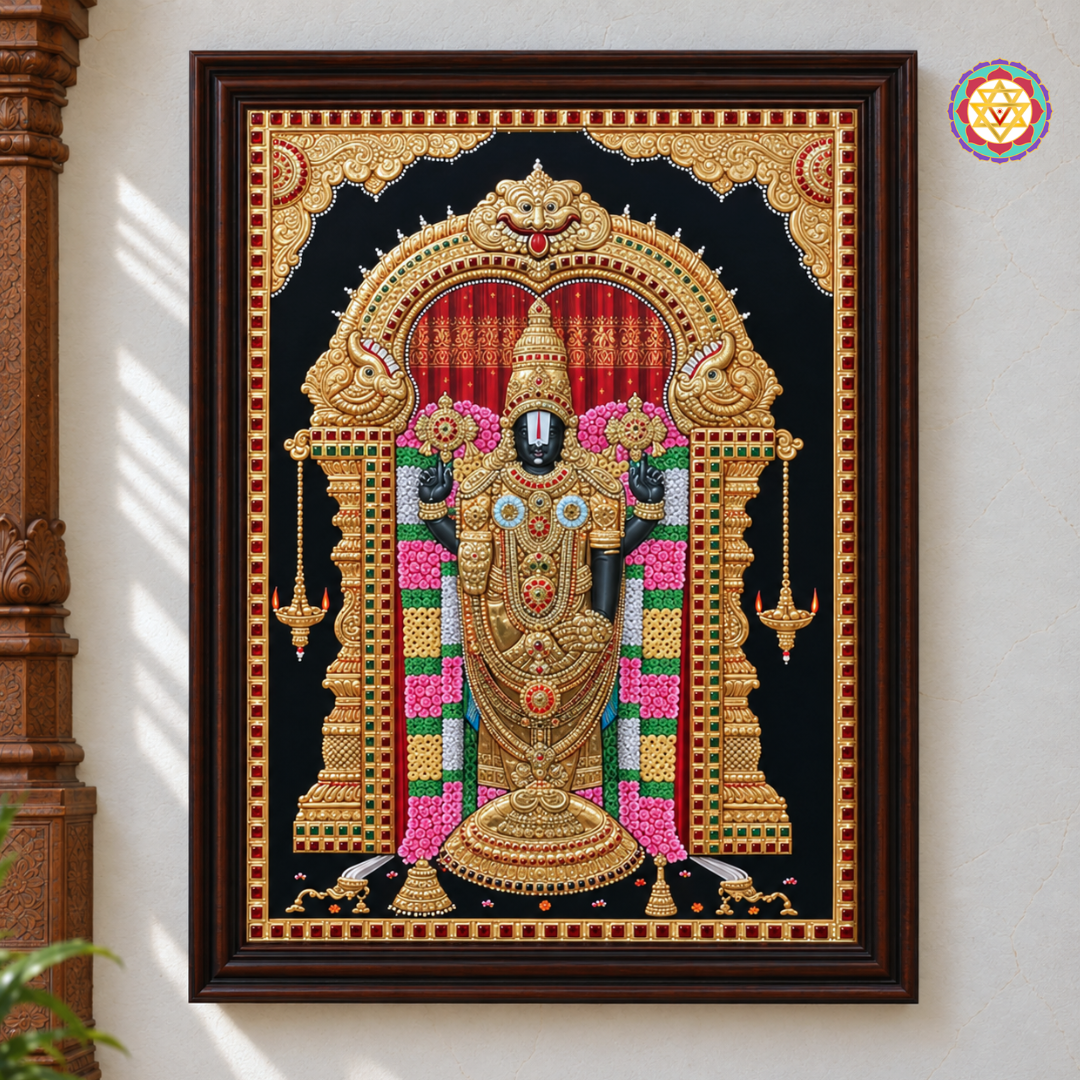Balaji with Hanging Deepams Tanjore Painting
