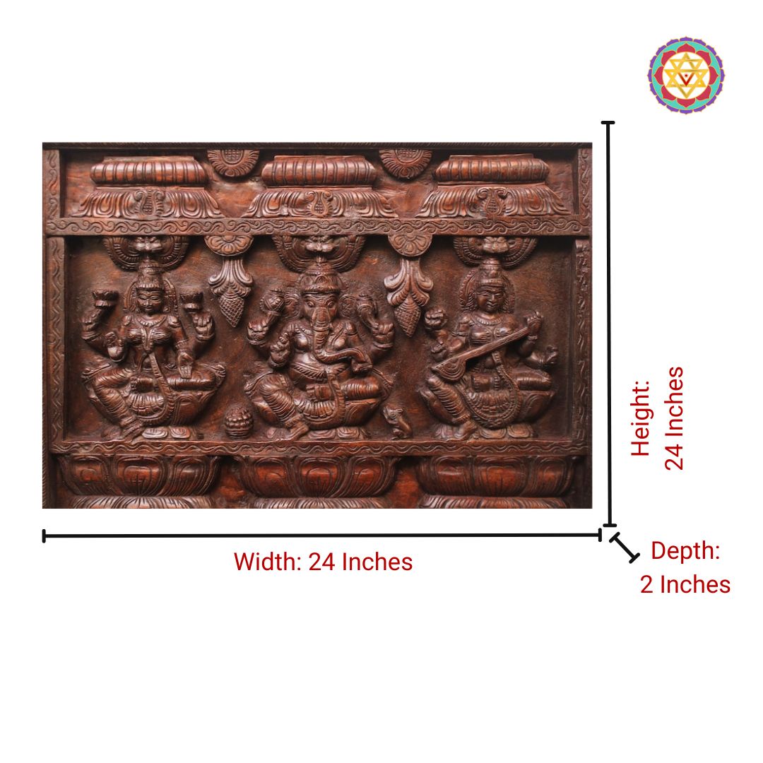 24-Inch Intricately Carved Ganesha, Lakshmi & Saraswati Panel with Gopuram Design – Wall Mountable Art