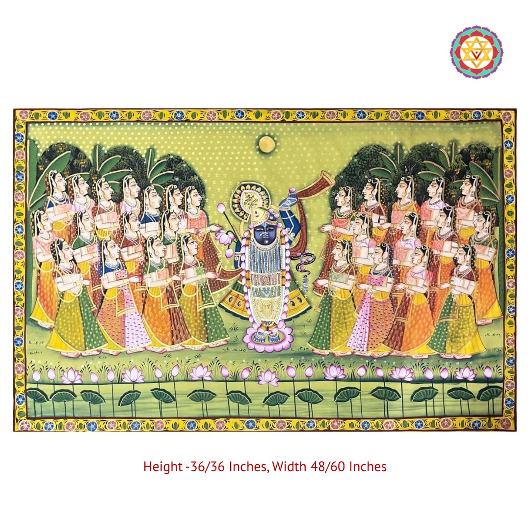 room-styled image of sharad shrinathji pichwai displayed above a console in a heritage interior