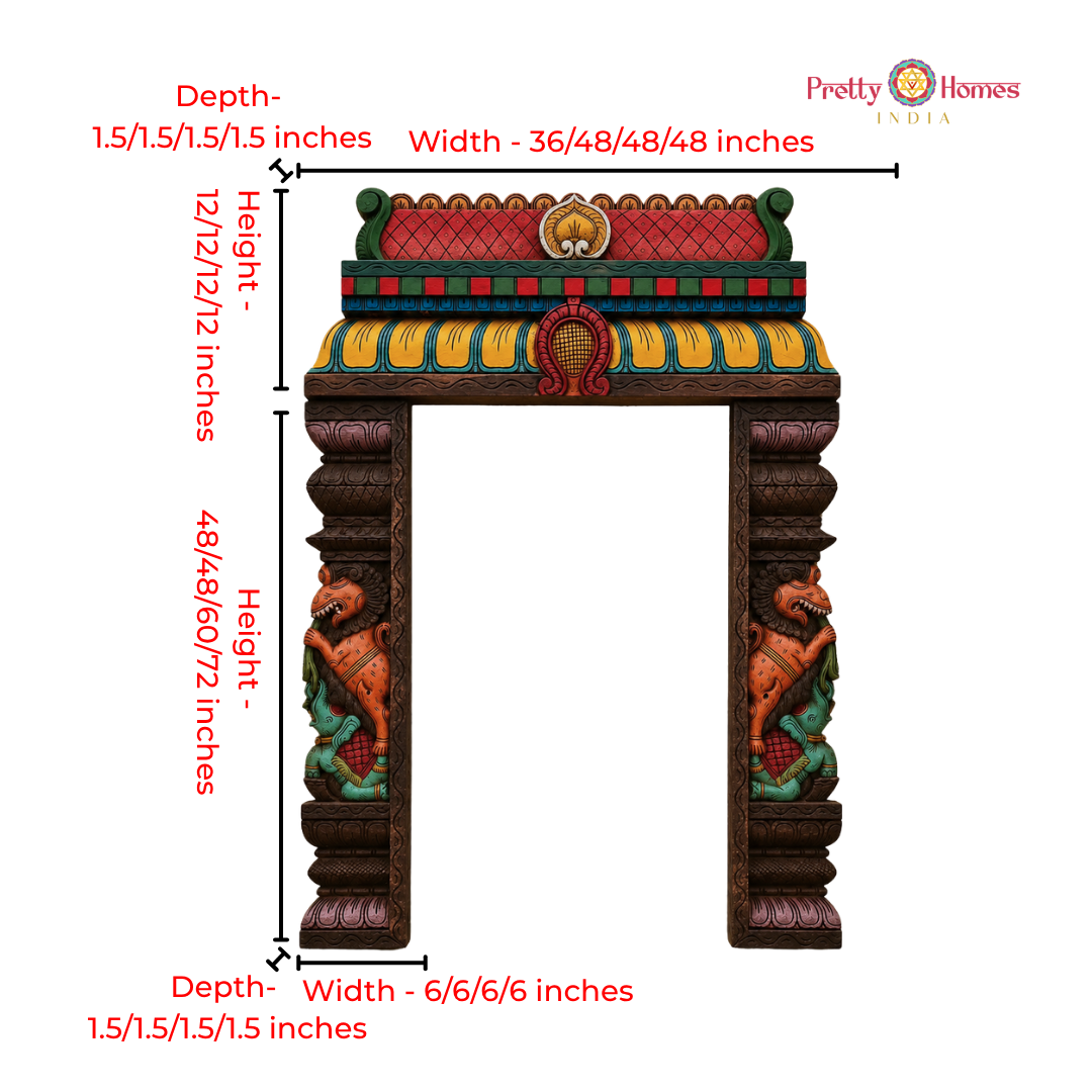 Wood-Carved Chettinad-Style Gopuram with Yali & Elephant Pillars
