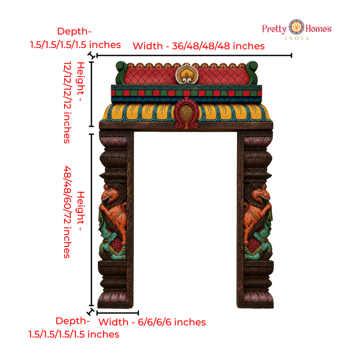Wood-Carved Chettinad-Style Gopuram with Yali & Elephant Pillars