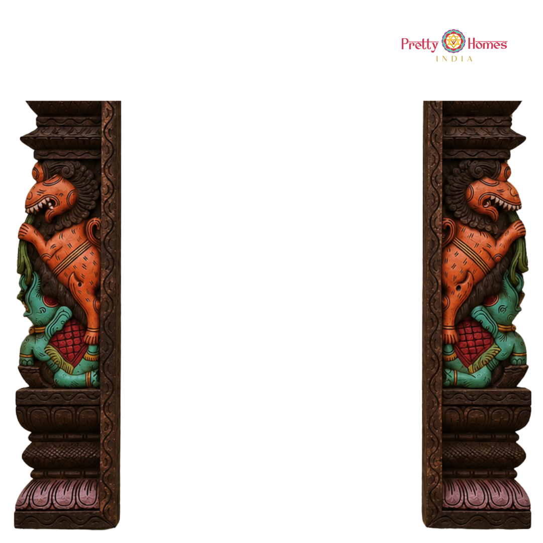 Wood-Carved Chettinad-Style Gopuram with Yali & Elephant Pillars