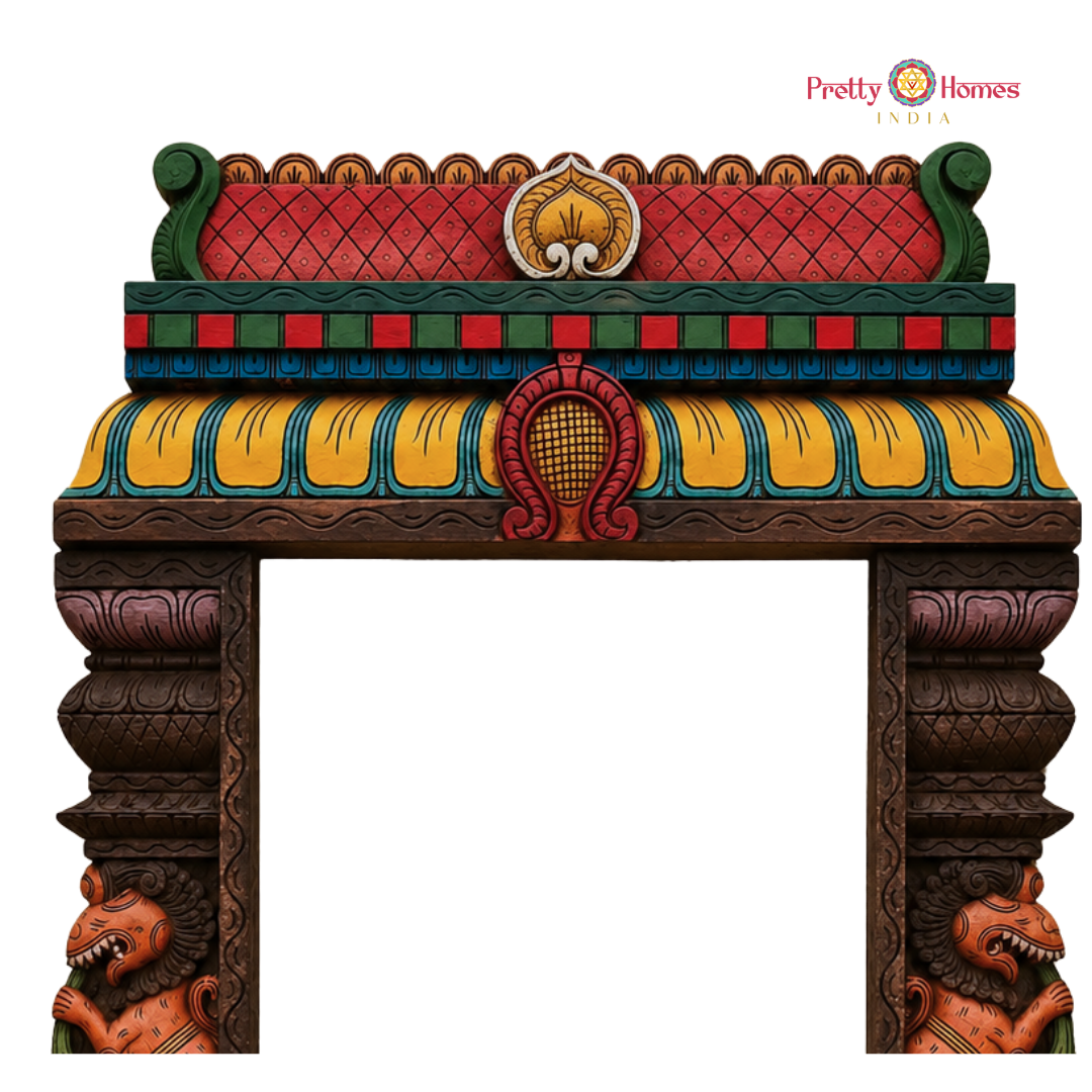 Wood-Carved Chettinad-Style Gopuram with Yali & Elephant Pillars
