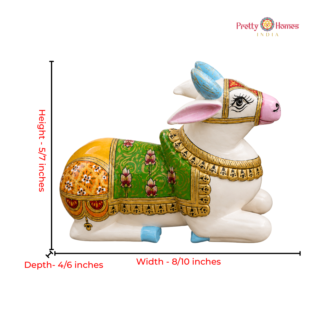 Handpainted Wooden White Nandi with Green & Yellow Floral Motifs