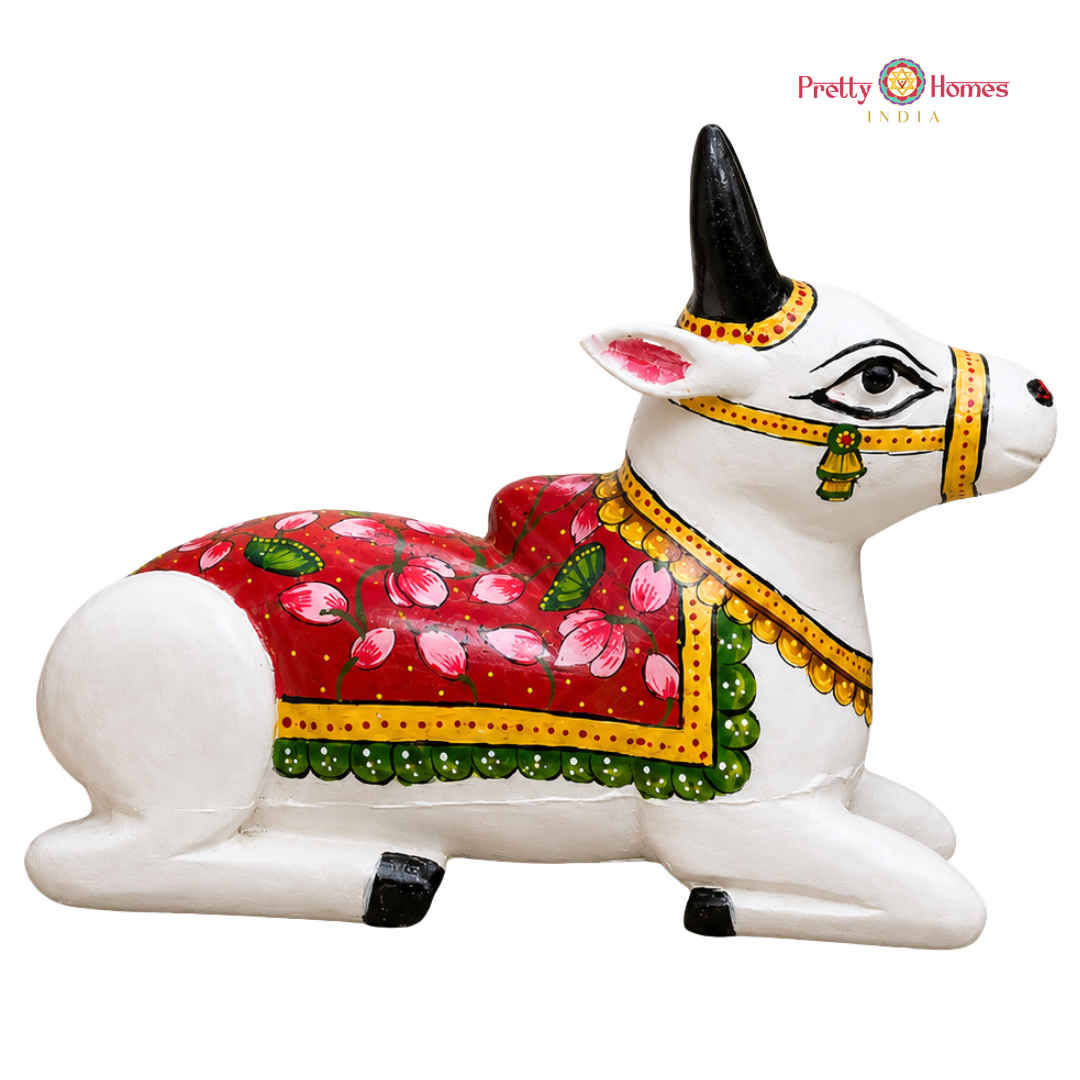 Handpainted Wooden White Nandi with Lotus Motifs