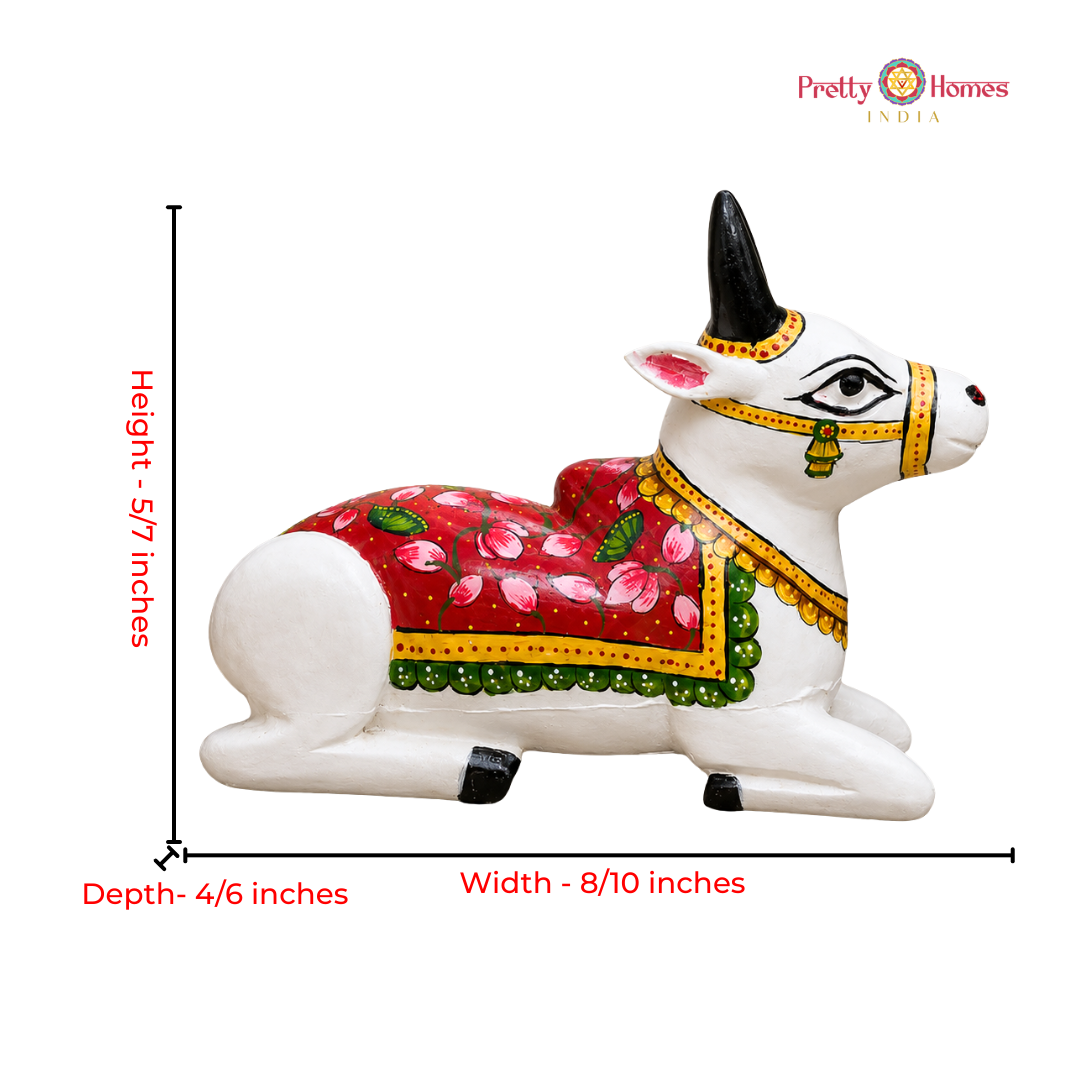 Handpainted Wooden White Nandi with Lotus Motifs