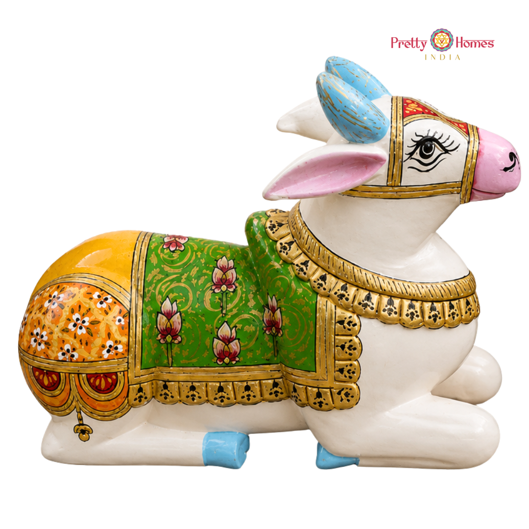 Handpainted Wooden White Nandi with Green & Yellow Floral Motifs