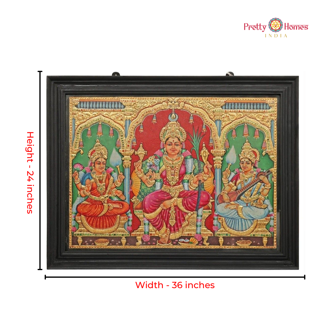 Vintage Finish Goddess Tripura Sundari / Lalitha Devi with Saraswati & Lakshmi Tanjore in Real Gold
