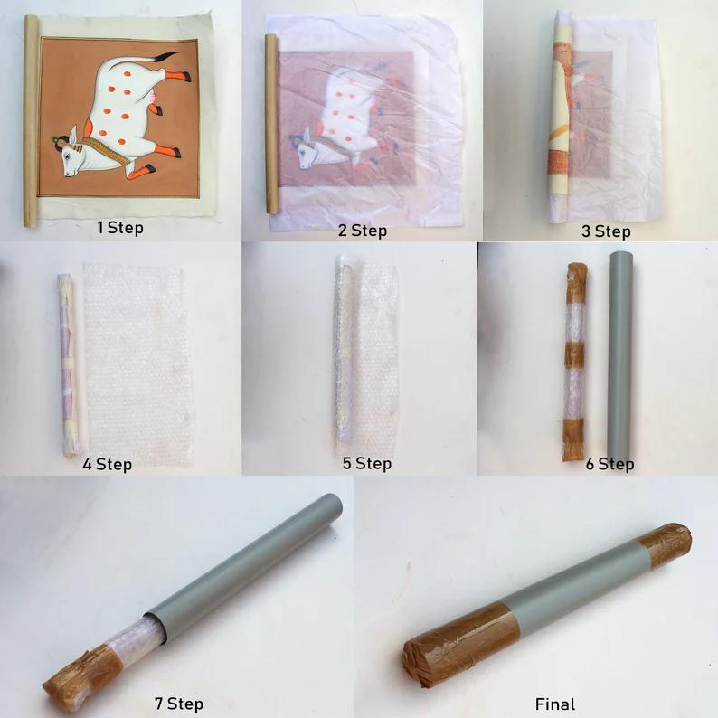 Packaging image showing scroll tube, certificate of authenticity, and canvas casing for safe delivery.