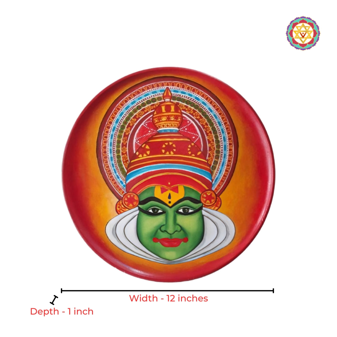 Close-up view of Kathakali wall panel with intricate hand-painted detailing