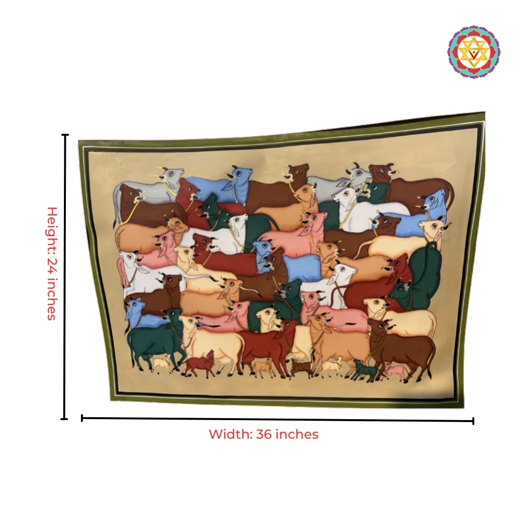 Serene sacred cows Pichwai painting with soothing tones heritage inspired wall decor artwork