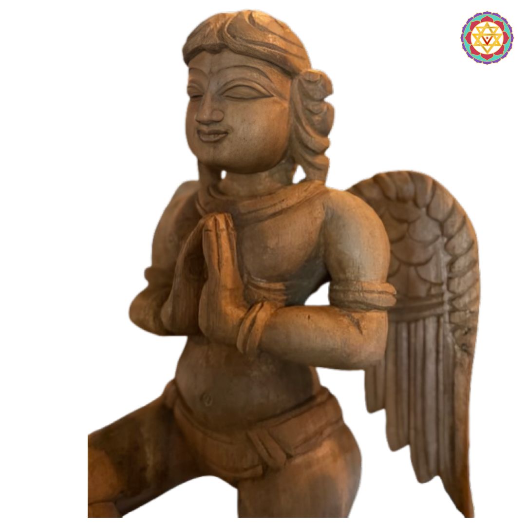 A high-quality 18-inch tall teak wood panel featuring a greeting Gandharva in a natural finish.