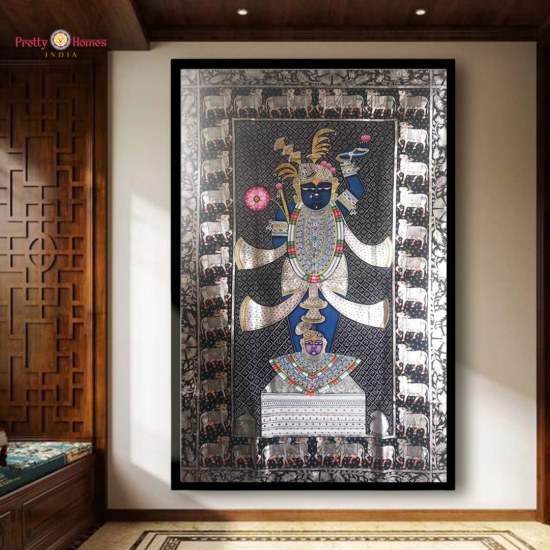 Antique black & silver Shrinathji Pichwai with sacred cows