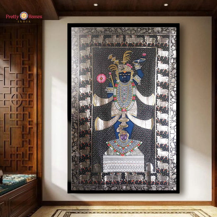 Antique black & silver Shrinathji Pichwai with sacred cows