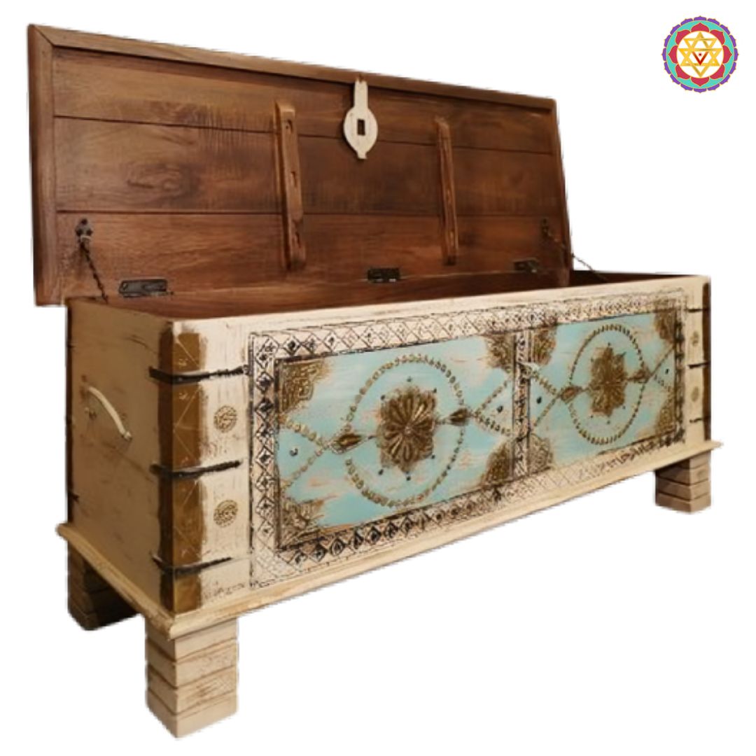 Detailed wooden storage trunk showcasing a rich antique finish with intricate brass-work accents.