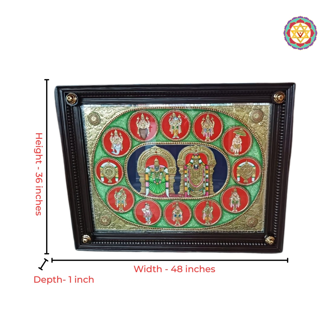 Framed large Balaji Lakshmi Tanjore painting with antique teakwood frame