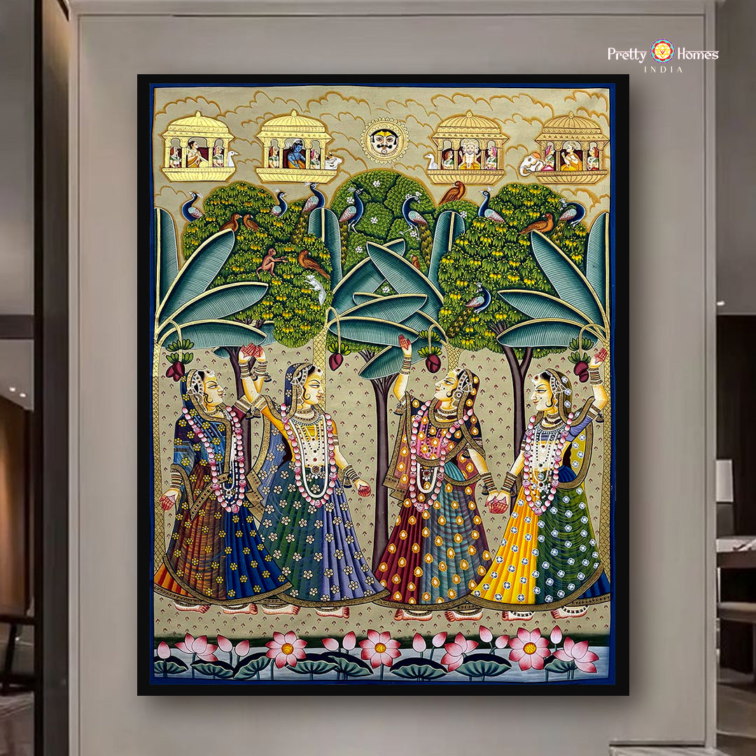 Antique finish horizontal pichwai painting of gopikas dancing in the forest
