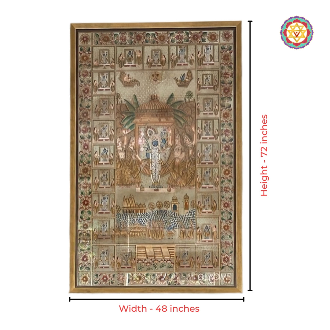 Antique finish handpainted Shrinathji Pichwai wall art with intricate heritage borders