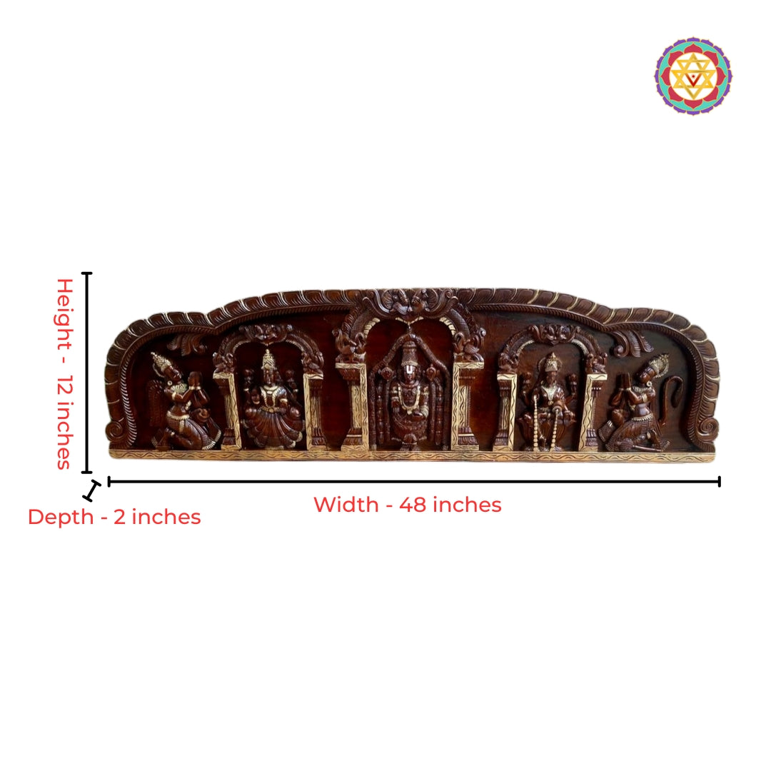 Close-up detailing of Balaji darshan carving in antique gold horizontal panel