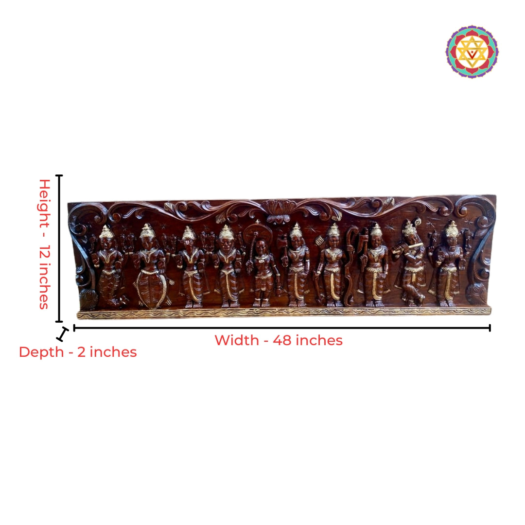 Close-up view of antique gold Vishnu carving with intricate temple detailing
