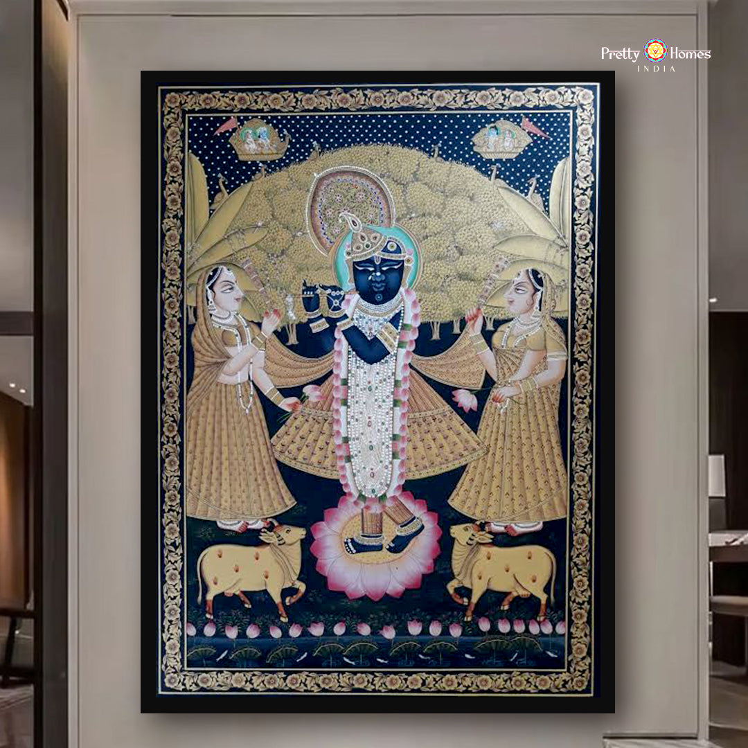 Antique gold and blue Shrinathji darshan pichwai painting with gopikas