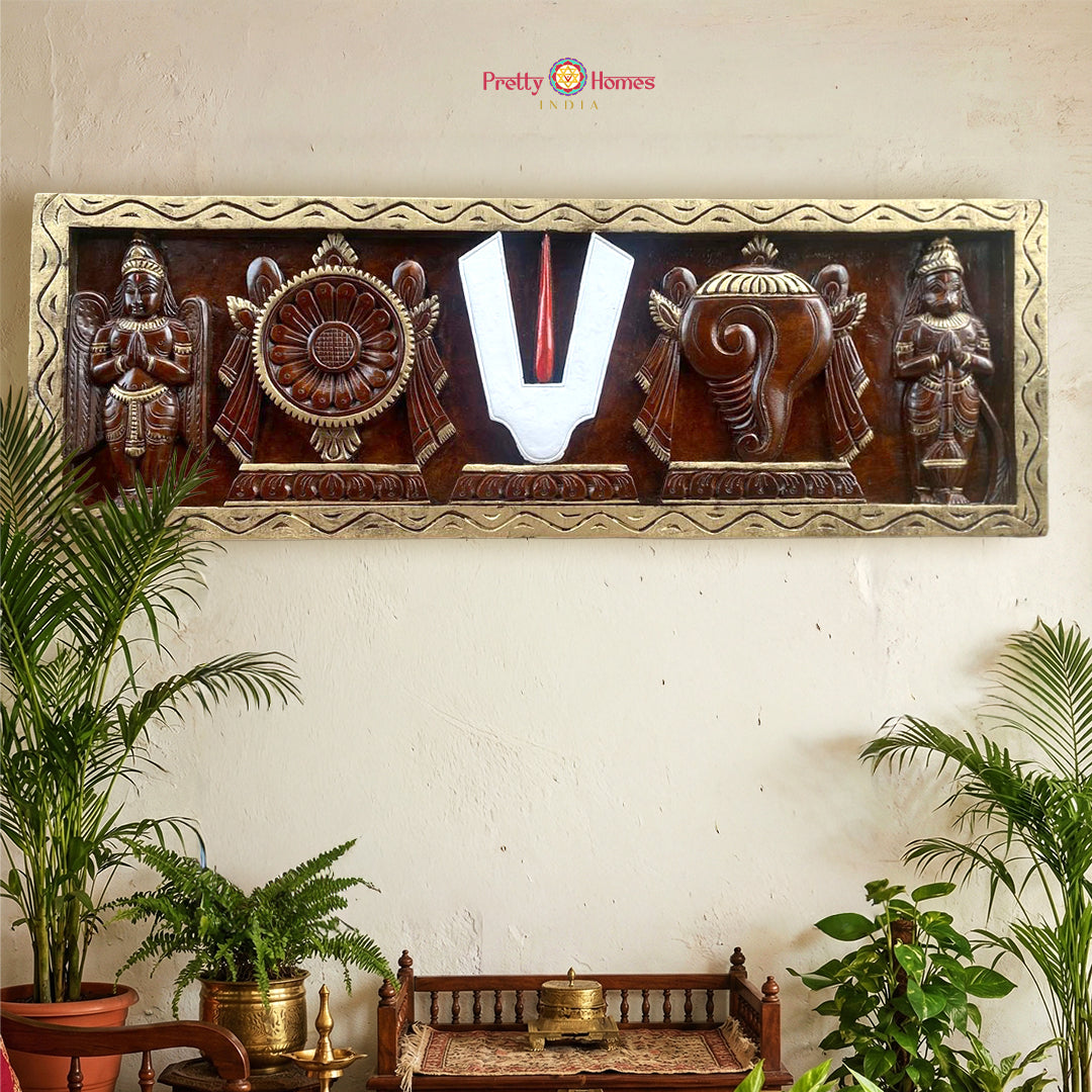 Antique gold finish hand-carved Shankh Chakra Namam wall panel with temple motifs
