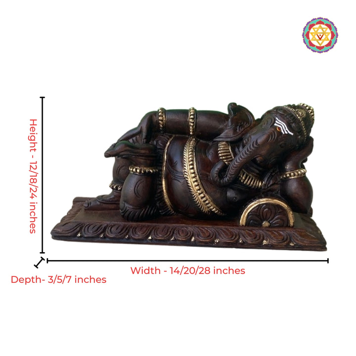Sleeping Ganesha wooden carving with gold polish