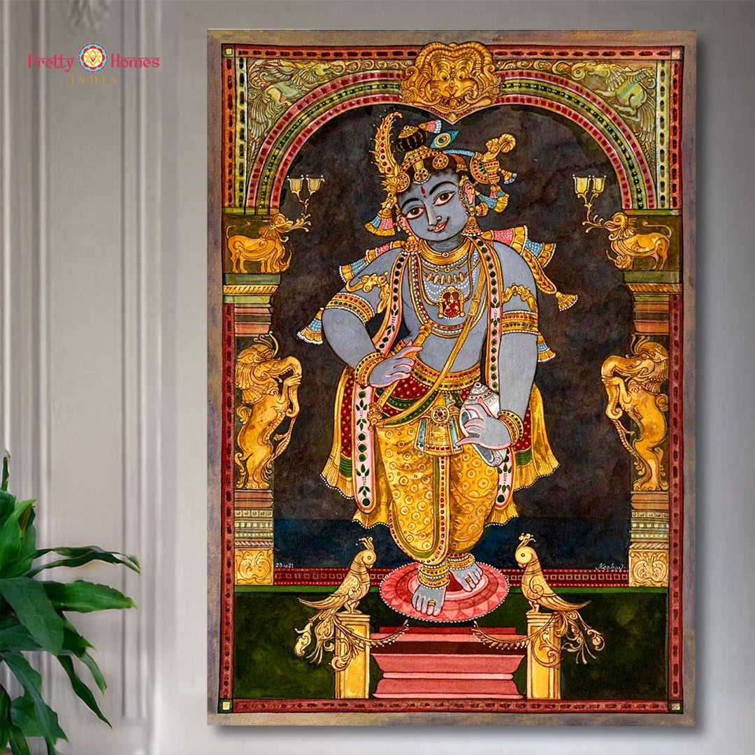 Antique style Krishna Pichwai painting with yalis and pillars