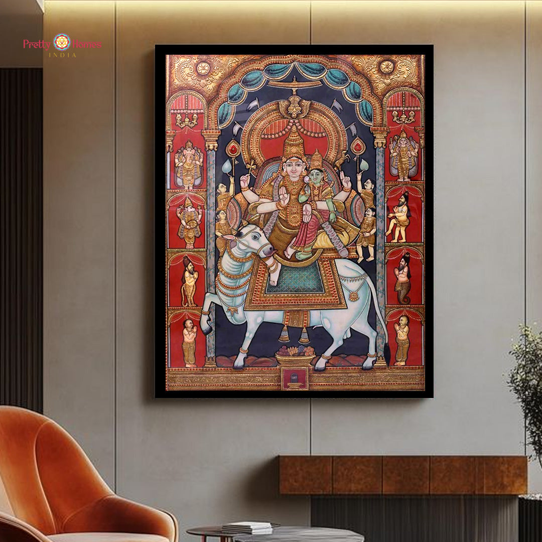 Antique-style handpainting of Shiva Parvati with divine figures