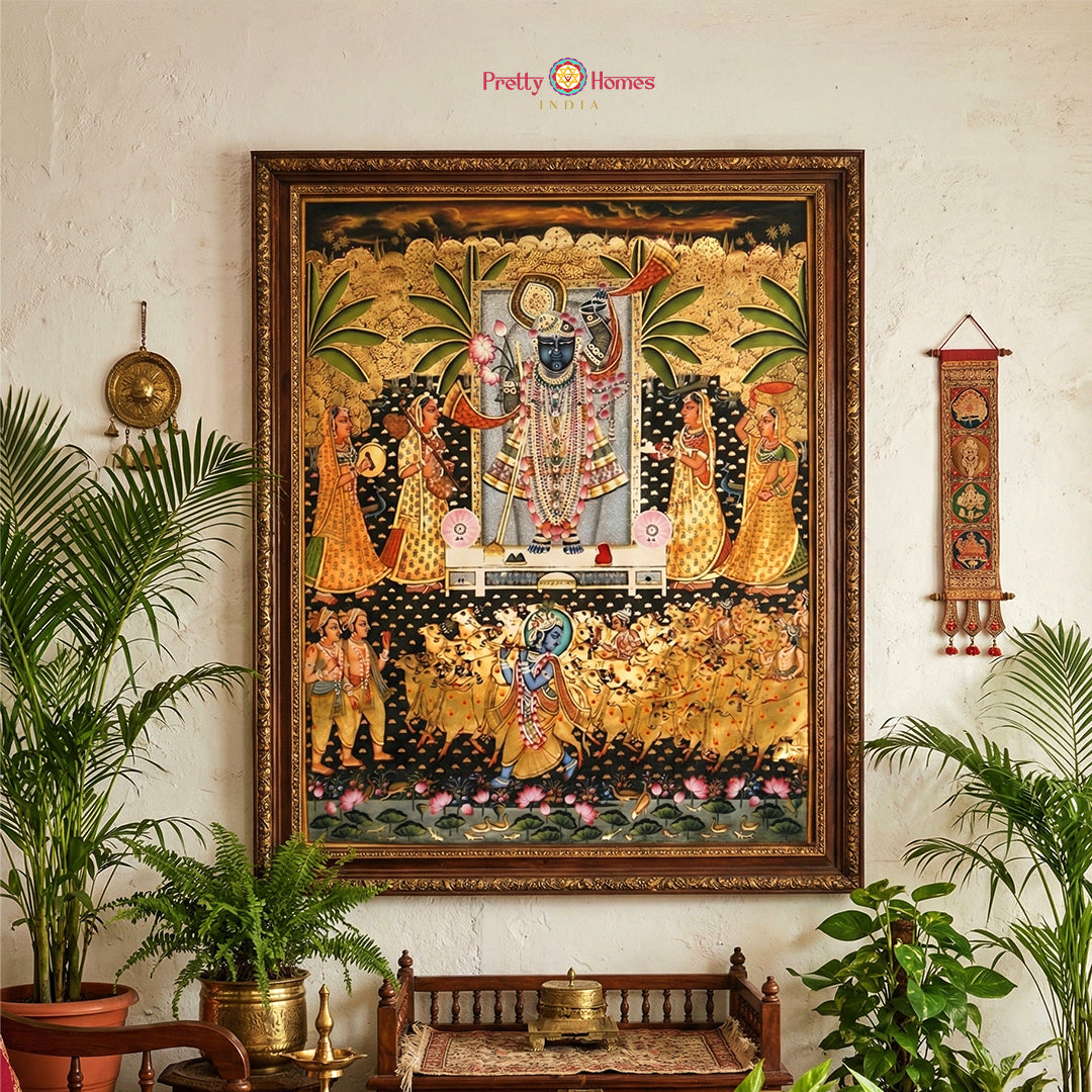 Antique handpainted Pichwai painting of Shrinathji with Gopikas and sacred cows wall art