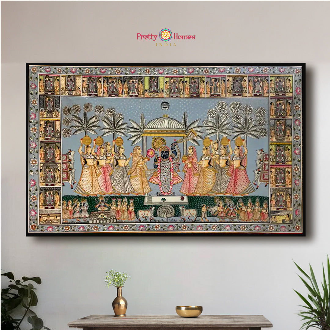 Antique style Shrinathji darshan pichwai painting with gopikas in devotional setting