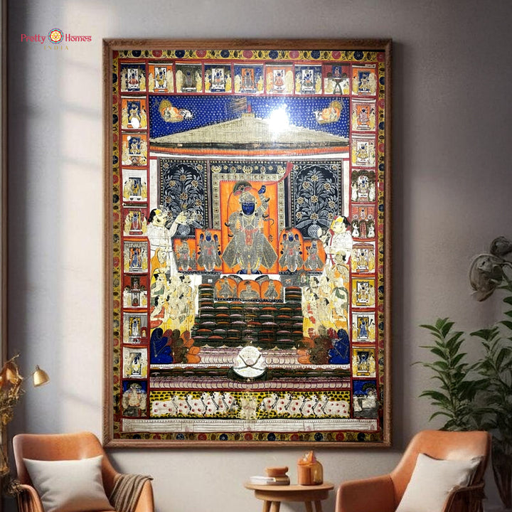 Antique style Shrinathji daan leela pichwai painting with heritage devotional theme