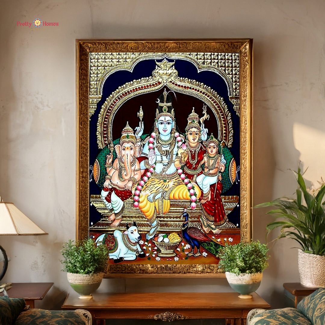 Antique wall decor Shiva Parivar gold foil art.