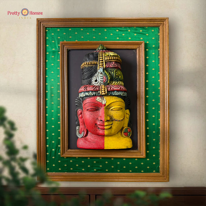 ardhanarishvara wooden face wall hanging with golden frame