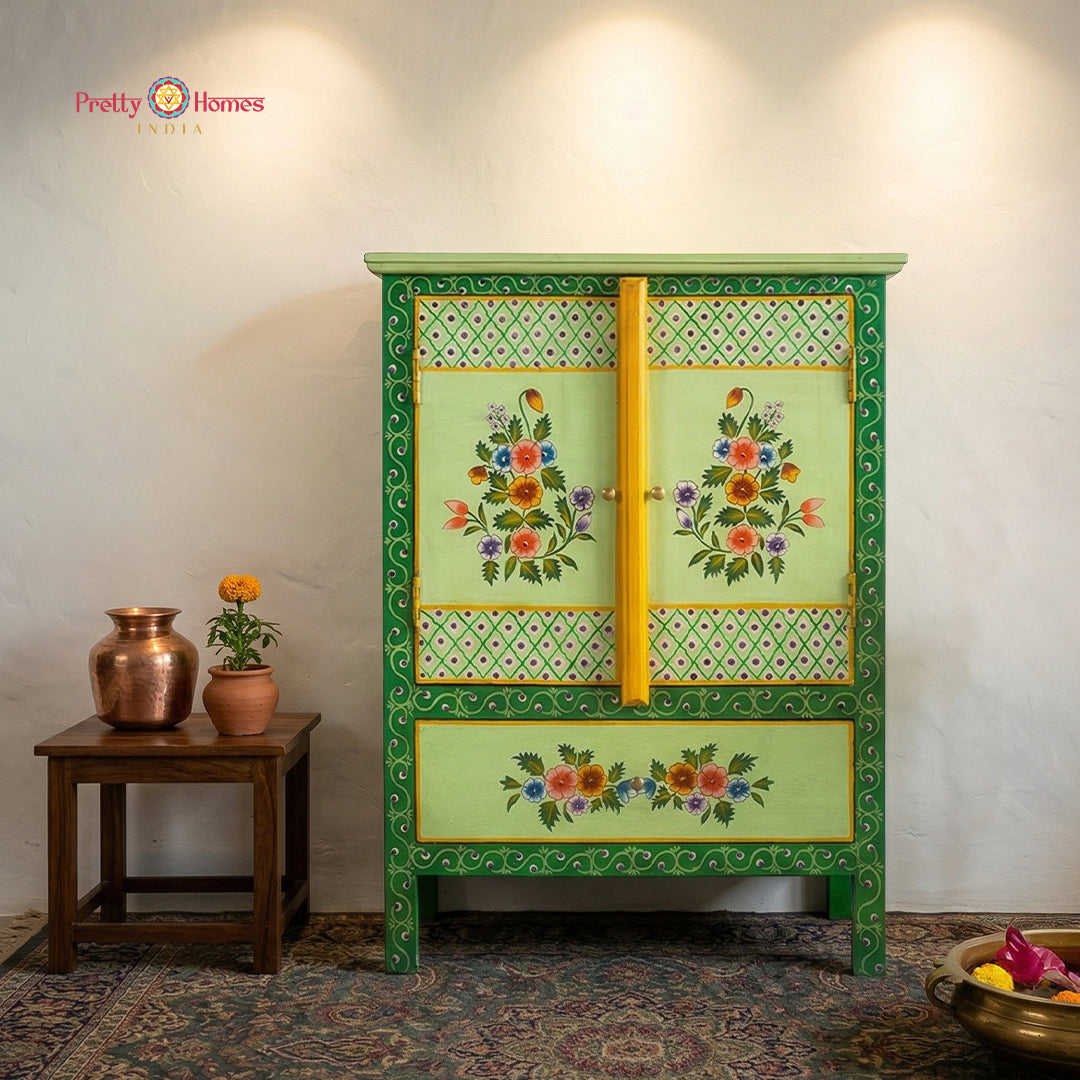 A vertical handpainted solid wood cabinet featuring colorful floral motifs and a vintage finish.