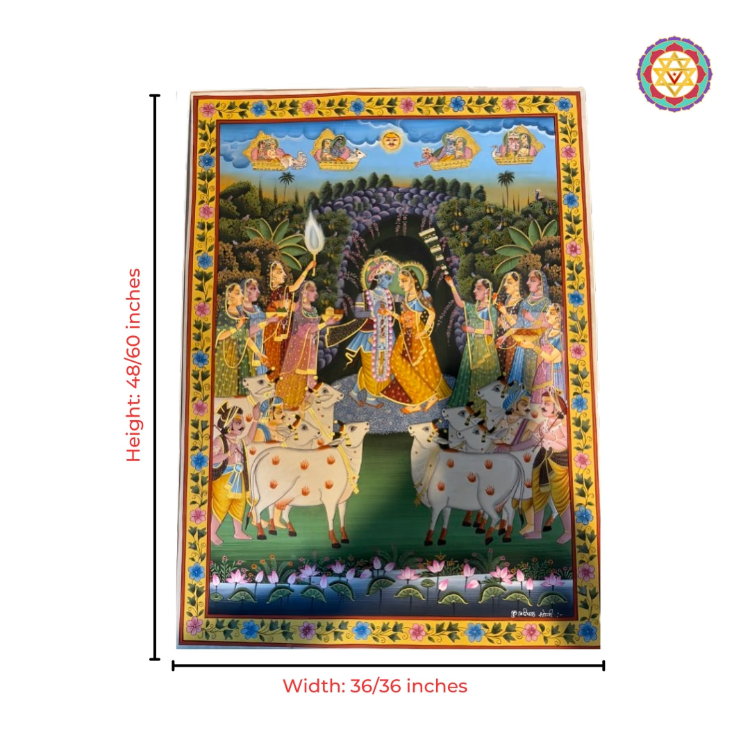 Artistic Pichwai portraying Krishna and Radha in a vibrant decorative setting