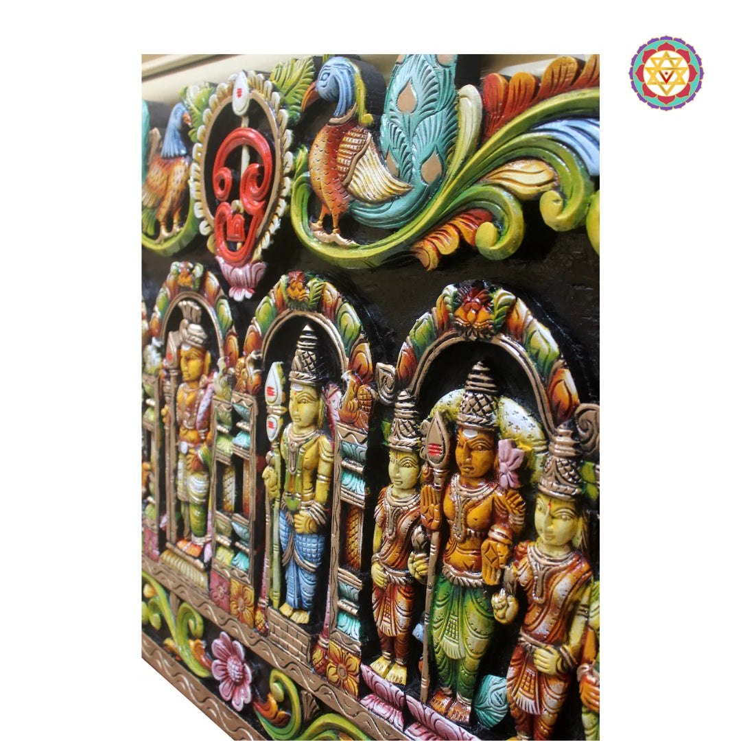 Fine carved details of Lord Murugan panel inspired by South Indian temples