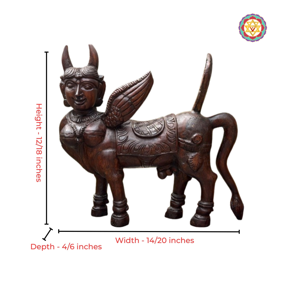 Full view of divine Kamadhenu wood sculpture for spiritual home decor