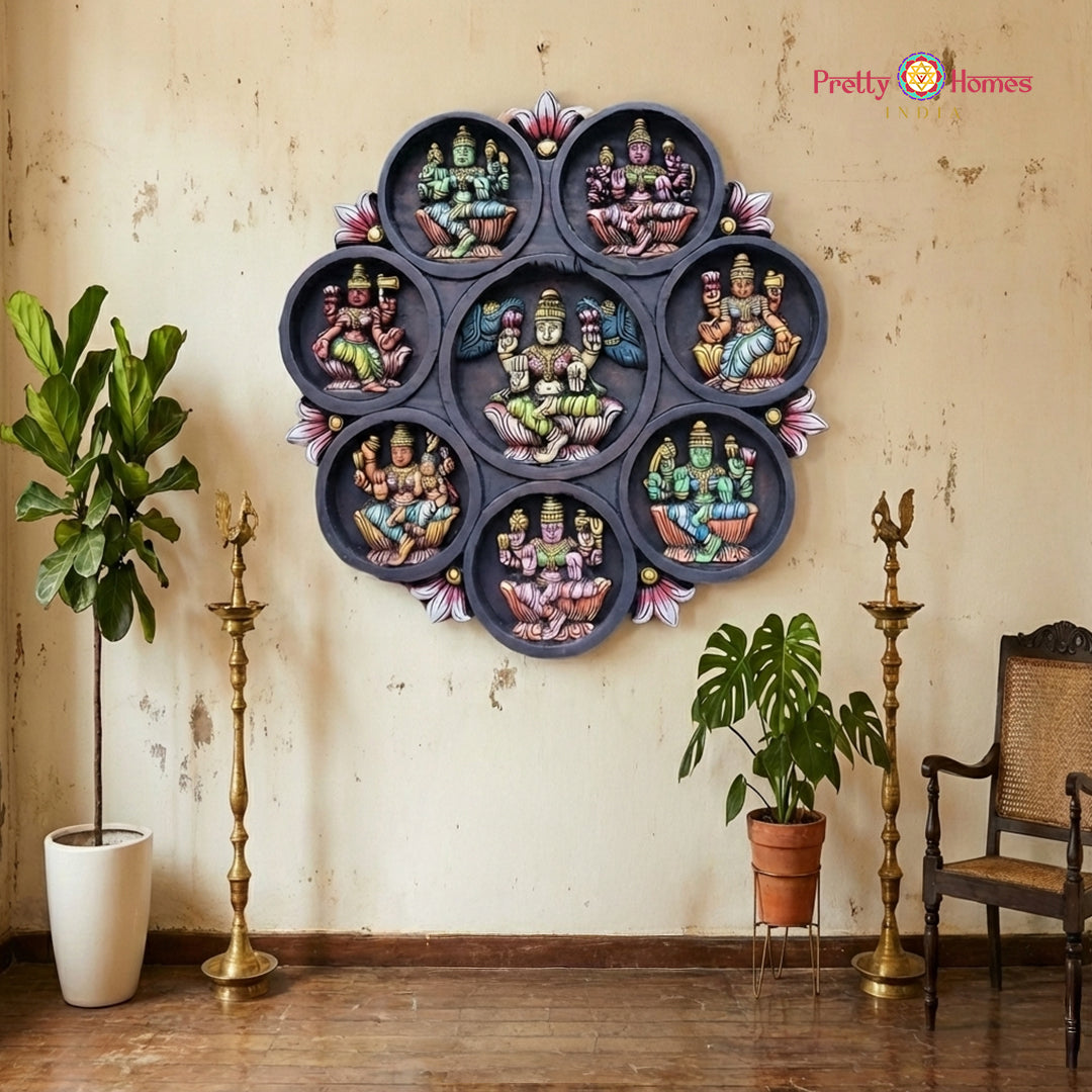 Exquisite round Ashta Lakshmi wood carved wall panel with divine temple frame