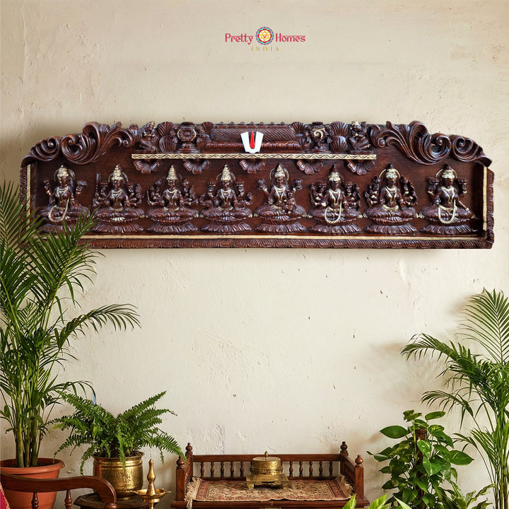 Wood carved horizontal Goddess Ashtalakshmi gopuram-style wall panel with temple motifs