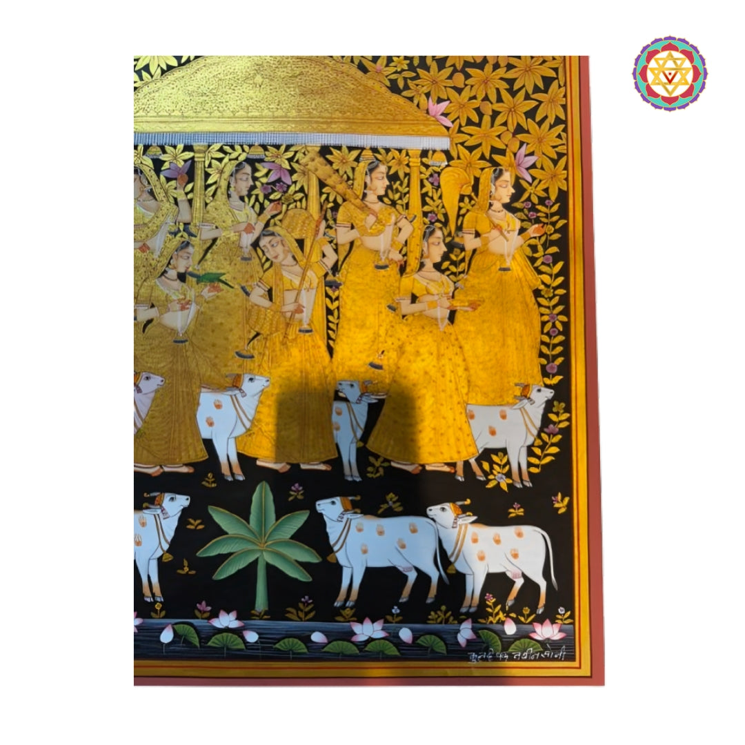 Handpainted musical apsaras Pichwai wall art with intricate motifs and real gold highlights