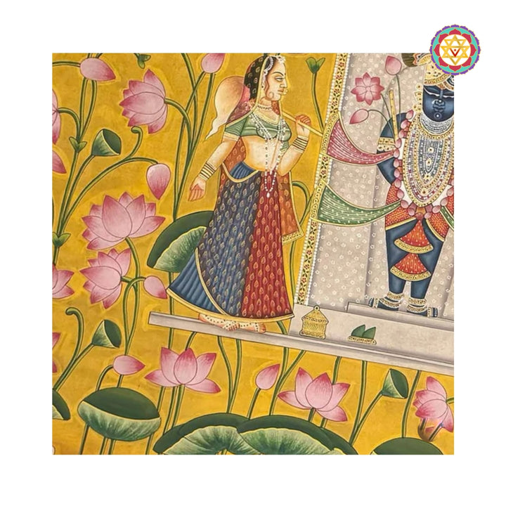 Wide devotional painting of Shrinathji with Gopikas in a serene pond setting in Nathdwara tradition