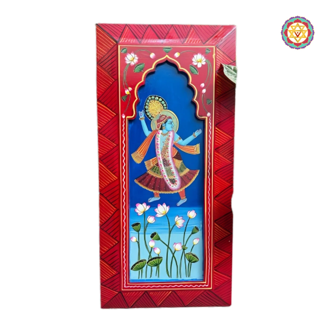 Hand painted Shrinathji Pichwai wall hanging with cows in elegant vertical frame devotional artwork