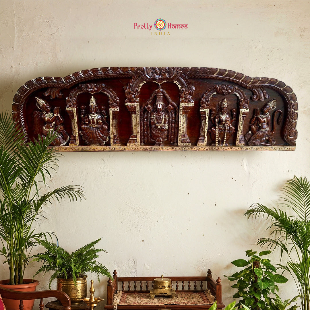 Horizontal antique gold Balaji darshan wood carved panel with temple craftsmanship