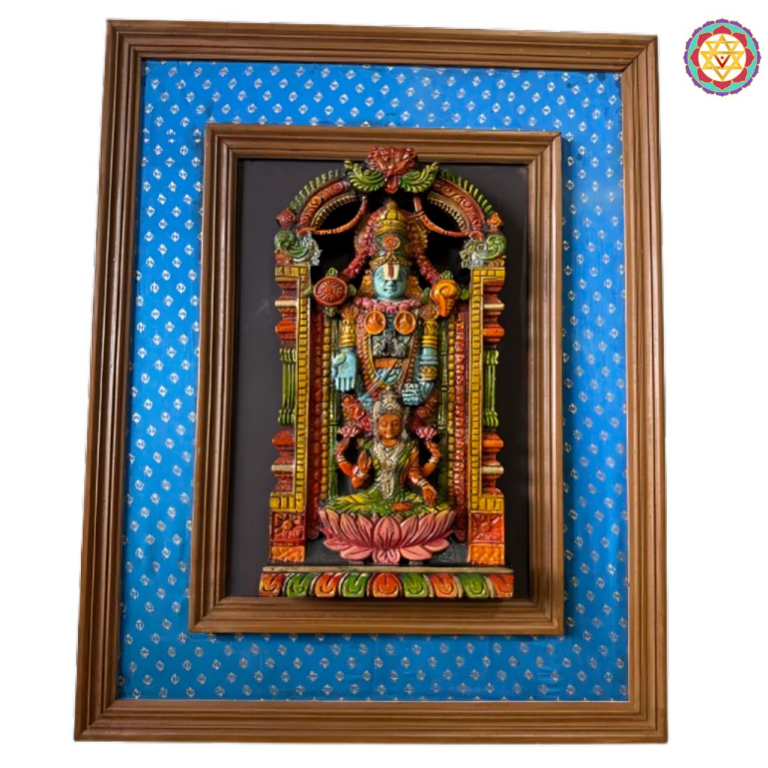 balaji lakshmi wall decor wooden panel with blue fabric background