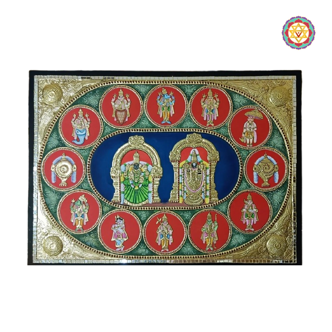 Intricate gold relief work on Balaji Lakshmi Dashavatar Tanjore art
